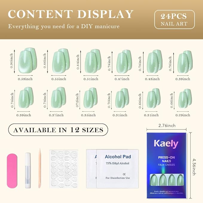 evpct Light Green Cat Eye Coffin Press on Nails Square Medium, Medium Square Stick on Nail for Women, Pale Green Metallic Glitter Glossy Reusable Summer Soft Gel Press on Acrylic Fake Nail with Design