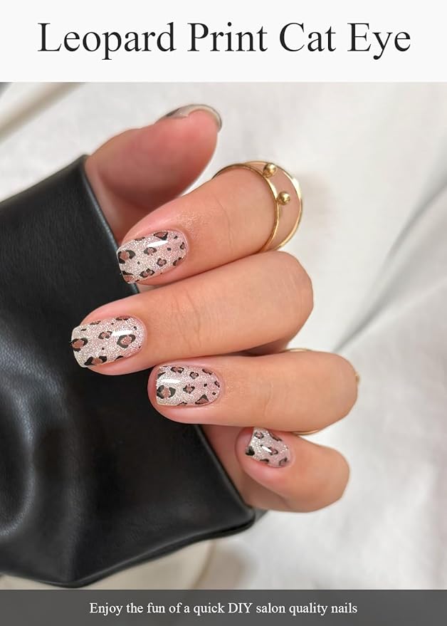 Semi Cured Gel Nail Strips (Leopard Print Cat Eye), Brown, 20 Pcs Fall Gel Nail Wraps, Stickers, Salon Quality, Works With Any UV Lamps