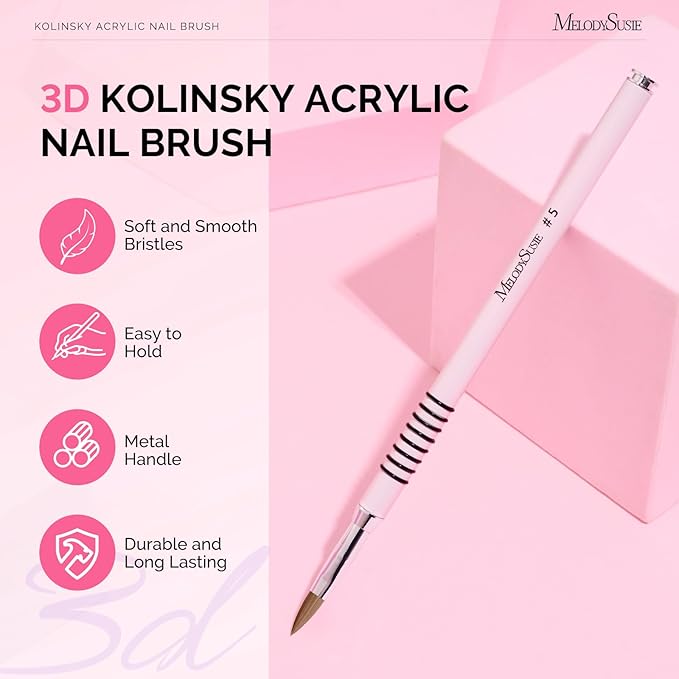 MelodySusie 3D Kolinsky Acrylic Nail Brush, Professional Nail Art Sculpture Brush with Pink Metal Non-Slip Grip Handle, for Acrylic Application 3D Nail Art Flower Designs, Size 5