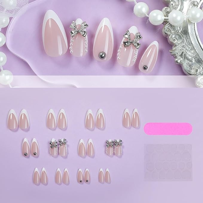 White French Tip Press on Nails Medium - Almond Fake Nails with Silver Bow Design - Glossy Full Cover Stick on False Nails for Women 24 Pcs