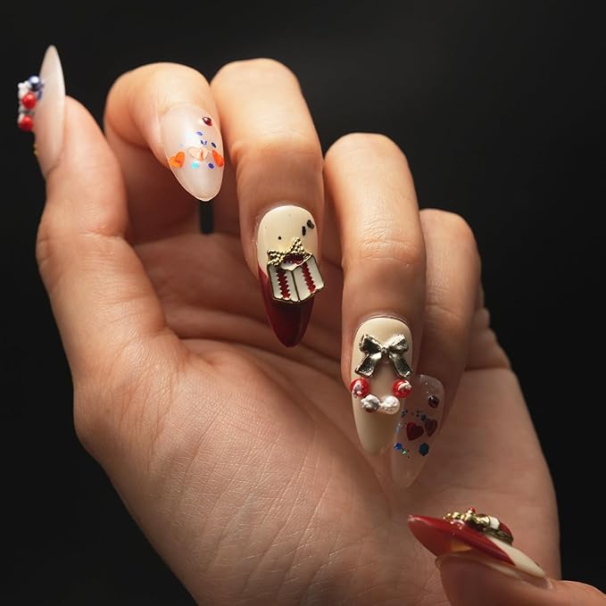 Christmas Handmade Press On Nails – 10pcs Medium Almond Fake Nails, 100% Handmade 3D Santa Claus Designs, Thick Gel Acrylic Full Cover False Nails for Women
