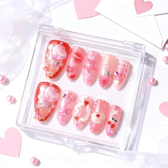 Valentines Fake Nails Medium Almond Press on Nails Heart Nails Press Ons Bow False Nails with Pearl Design Pink Stick on Nail Glossy Full Cover Glue on Nail for Women Decoration Set 30Pcs