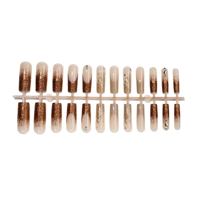 Long Square Press on Nails Fake Nails Artificial Nail Stick on Nail for Women Elegant Nude & Brown Base with Gold Marble Veins, Glitter Accents and Chic Matching Nail Art