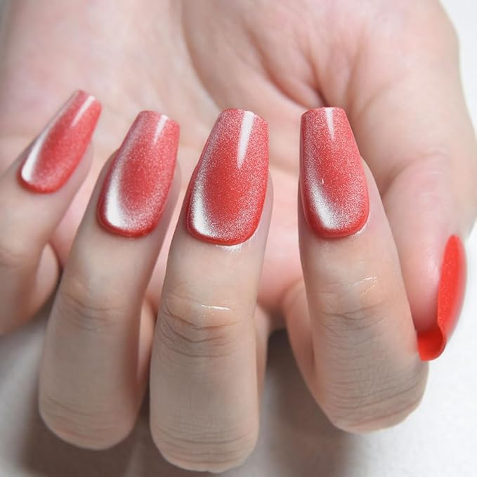 evpct Red Pink Cat Eye Coffin Press on Nails Square Medium, Medium Square Stick on Nail for Women Gift, Red Pink Metallic Glitter Glossy Reusable Summer Soft Gel Press on Acrylic Fake Nail with Design