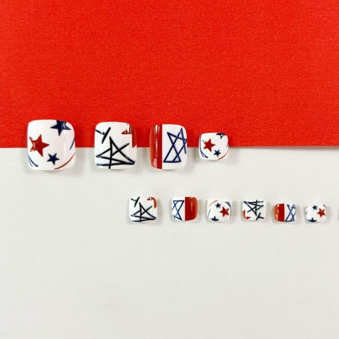 4th of July Press on Toenails Short Square Glue on Toenails with Red Blue Star Design Striped Lines Stick on Toenail Independence Day False Toenail Summer Fake Toenail for Women Manicure 24Pcs
