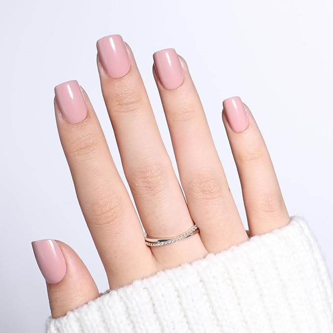 Nude Press on Nails - Short Square Nails Press ons for Women, Reusable Glossy Nude Pink Glue On Nails 30 Pcs 15 Sizes Fake Nails Kit with Glue, Blush Nude
