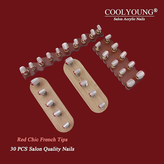 Press On Nails, COOLYOUNG Red French Tip Press On Nails, Cat Eye Nails, Short Natural Acrylic Fake Nails for Women, 30 PCS False Nails