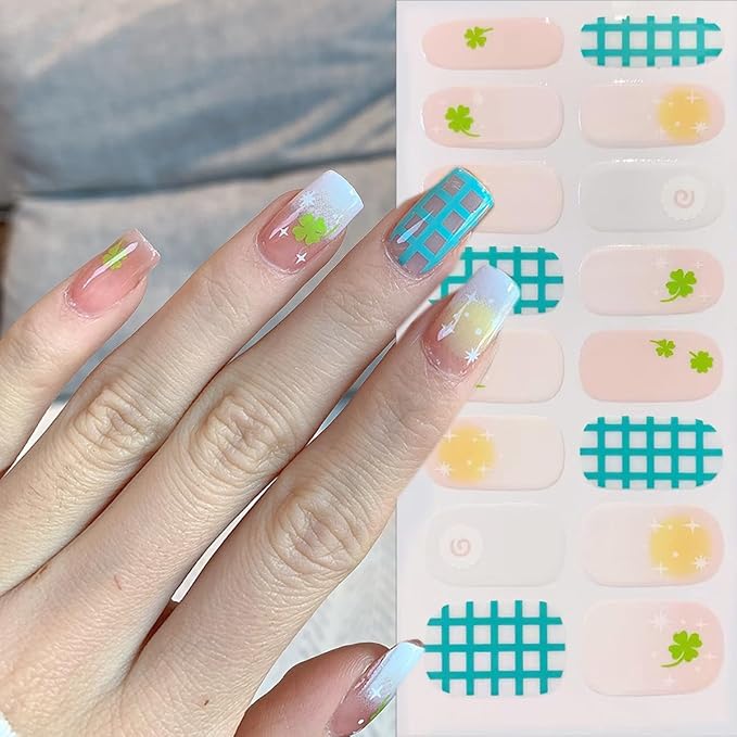 6 Sheets Glitter St. Patrick's Day Gel Nail Stickers Green Shamrock Nail Polish Stickers 3D Self-Adhesive Luck Clover Rainbow Nails Art Designs Irish Full Wraps Gel Nail Strips for Women Acrylic DIY