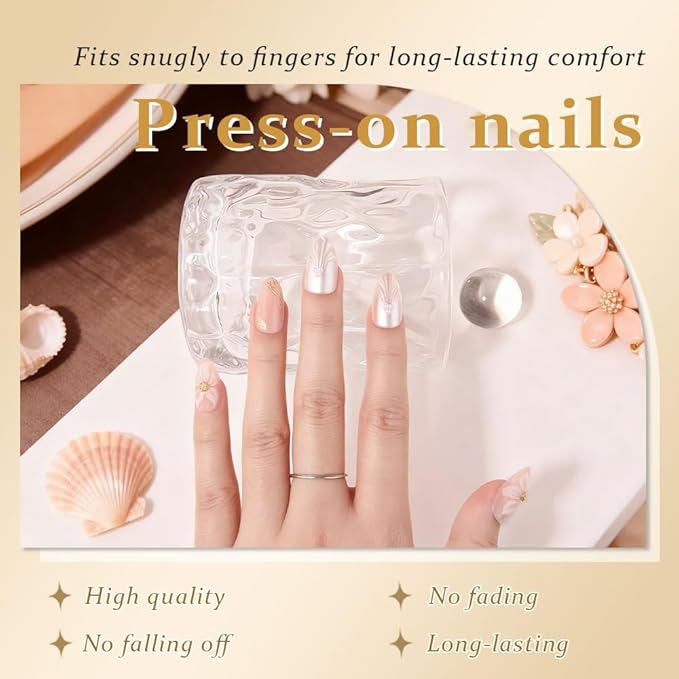 3D Press on Nails Short Almond with Flower Design, Pearl White Shell Press ons Glossy Stick on Nails for Women with Kit, Reusable Soft Gel Stick on Cute Fake Nail with Gold Line Designs Perfectly Fit