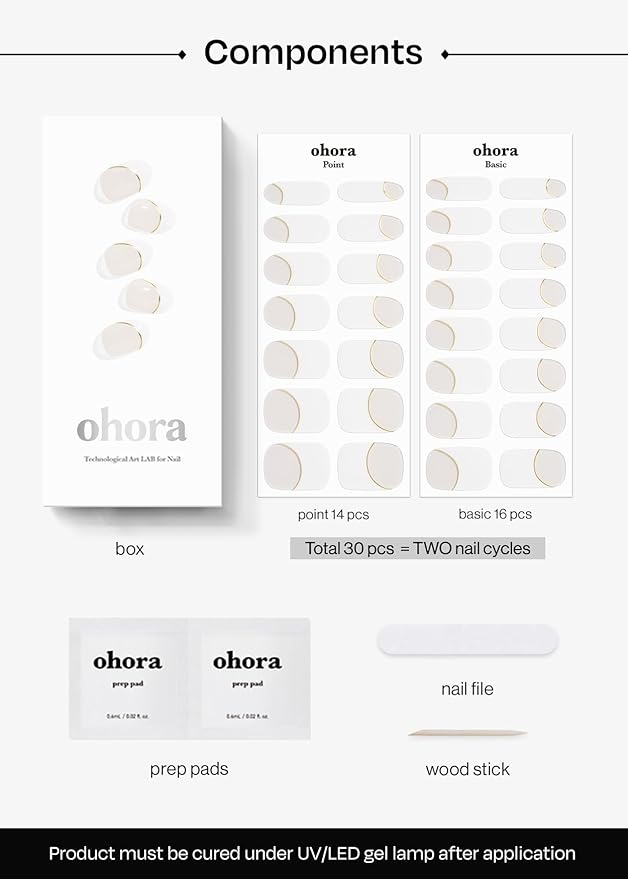 ohora Semi Cured Gel Nail Strips (N Sylph) - White, French, Works with Any UV/LED Lamps, Salon-Quality, Long Lasting, Easy to Apply & Remove - Includes 2 Prep Pads, Nail File & Wooden Stick