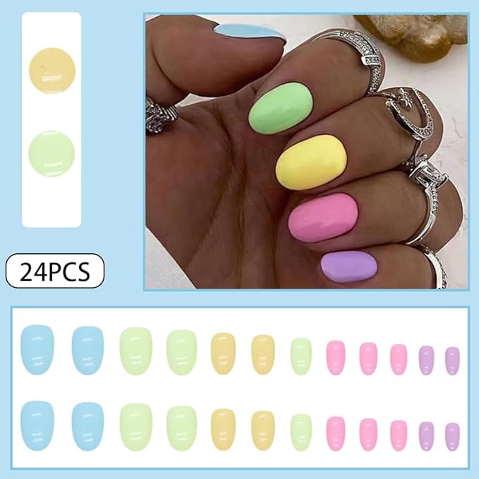 Easter Press on Nails Short - 24Pcs Cute Multi-Color Glossy Acrylic Nails, Spring Theme Fake Nails, Easy Apply Artificial Stick on Nails for Women