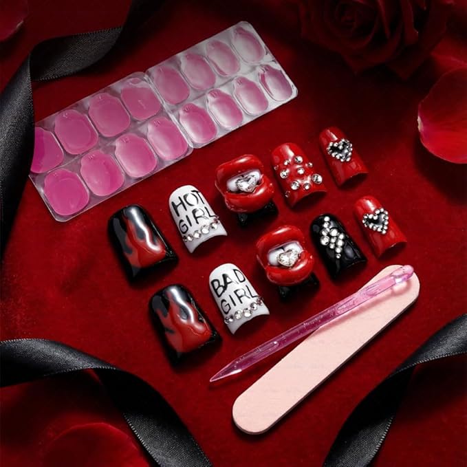 10 Pieces Luxury Acrylic Press On Nails Short Handmade Duck Nails, Thickened False Nails, Red And Black Flames And Glittering Red Lips, Reusable Fake Nails, Acrylic Nails (L)