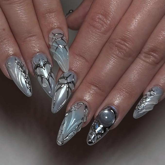 Press on Nails Almond - Blue Fake Nails with Bow Heart Desgin - Y2k, Medium False Nails Press ons - for Women 24 Pcs