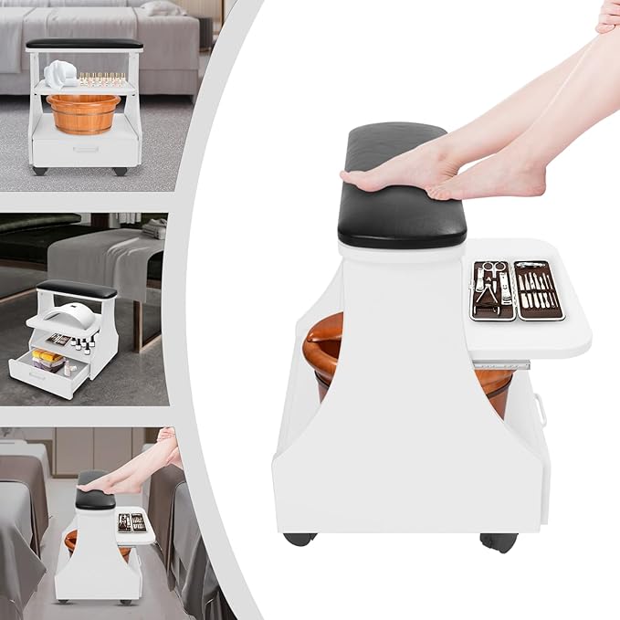 Pedicure Foot Rest, Manicure Foot Rest w/Wheels, Upgrade Widen Footrest Pedicure Foot Stool Stand, Portable Foot Bath Spa Cart Foot Massage Station Footrest, Home Beauty Salon Nail Foot Trolley Cart