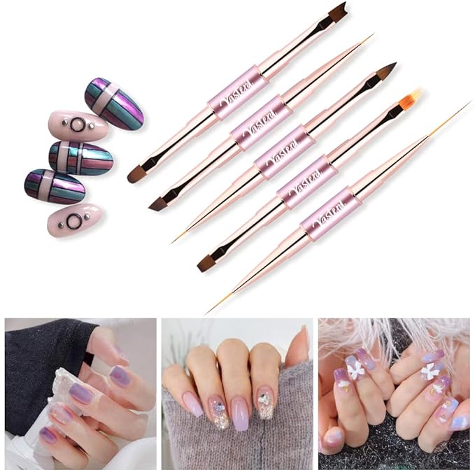 Nail Art Brushes Set Double-Ended Nail Art Tools with Nail Extension Gel Brush, Builder Gel Brush, Nail Art Liner Brush and 3D Nail Art Decorations Brush for Salon at Home DIY Manicure Set of 5Pcs