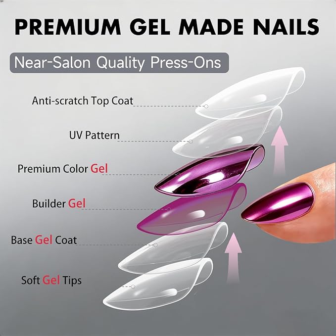 Chrome Press on Nails Short Almond, Metallic Purple Fake Nails with a Sparkle Mirror Finish, Glitter Glue on Nails for Women Birthday Party, Thick Quality Soft Gel Nail Press ons 30 Pcs