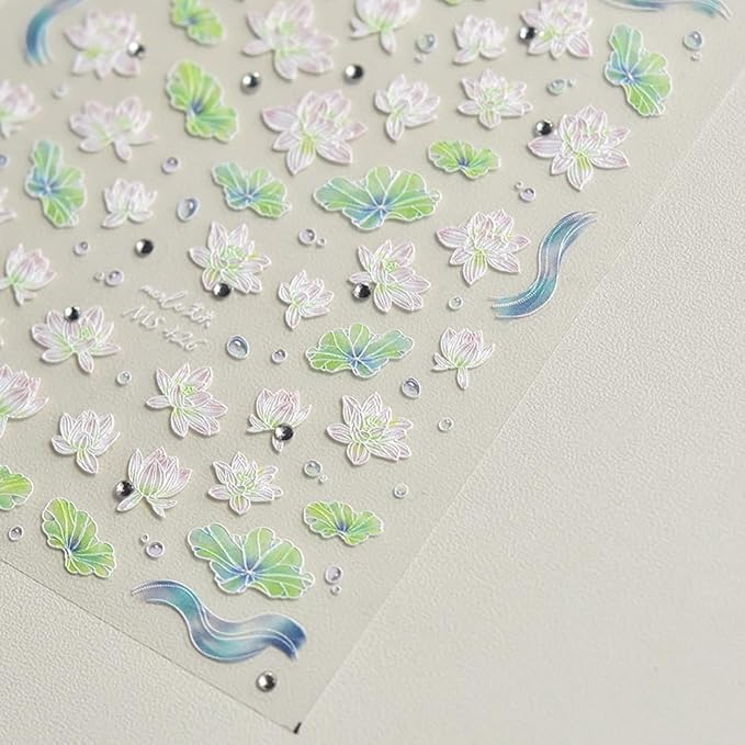 Summer Lotus Flower Leaves Nail Art Stickers Aurora Light Nail Decals Embossed Self Adhsive Sticker for Women Girls DIY Nails Manicure Salon (Lotus)