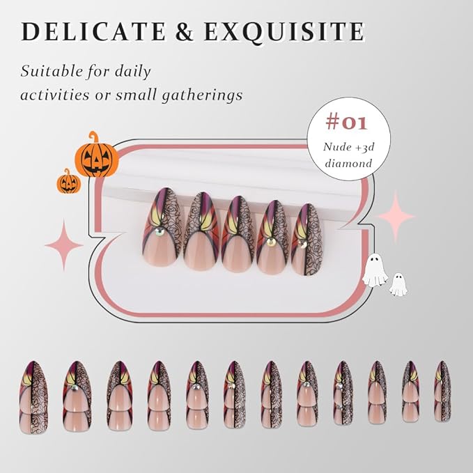 Nude Press on Fake Nails Medium Almond with Black Rose Design, Press on Nails Rheinston Design Reusable Manicure for Women Girls, Perfect Fit Stick on Nail Press ons Glossy Finish, 24Pcs