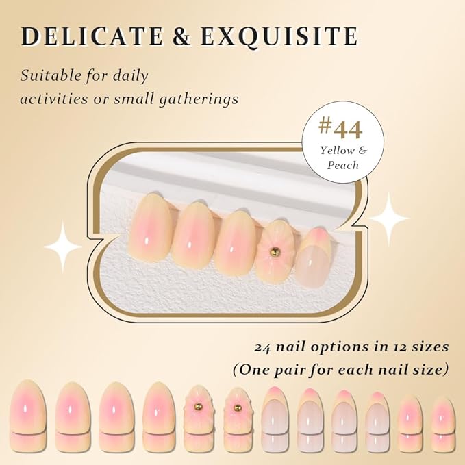 3D Ombre Yellow Press on Nails Short Almond, Peach to Yellow French Glossy Press Stick on Nails for Women Gift with Kit, Reusable Soft Gel Stick on Acrylic Fake Nail with Ombre Designs Perfectly Fit