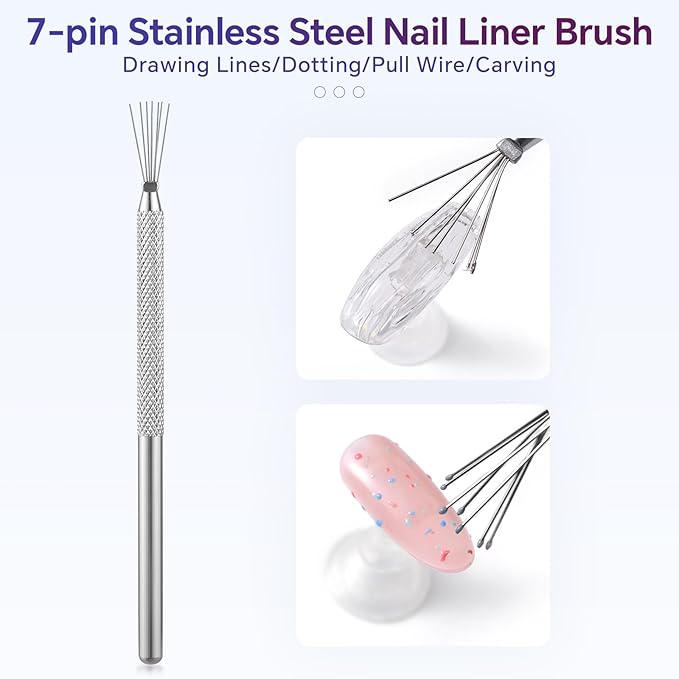 3Pcs 7-pin Nail Liner Tool Nail Art Pen Bendable Ultra-thin Stripe Nail Brush, Drawing Dotting Sculpting Manicure Styling Tool, for Home DIY Nail Salon (3PCS)