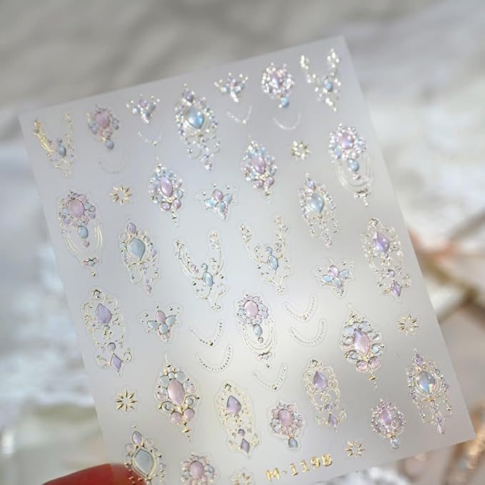 Silver Nail Stickers 3D Self Adhesive Laser Gem Nail Art Stickers 5D Embossed Aurora Star Jewelry Ribbon Nail Decals Vintage Style Totem Nail Art Supplies Diamond Nail Design for Women Girls 1 Sheets