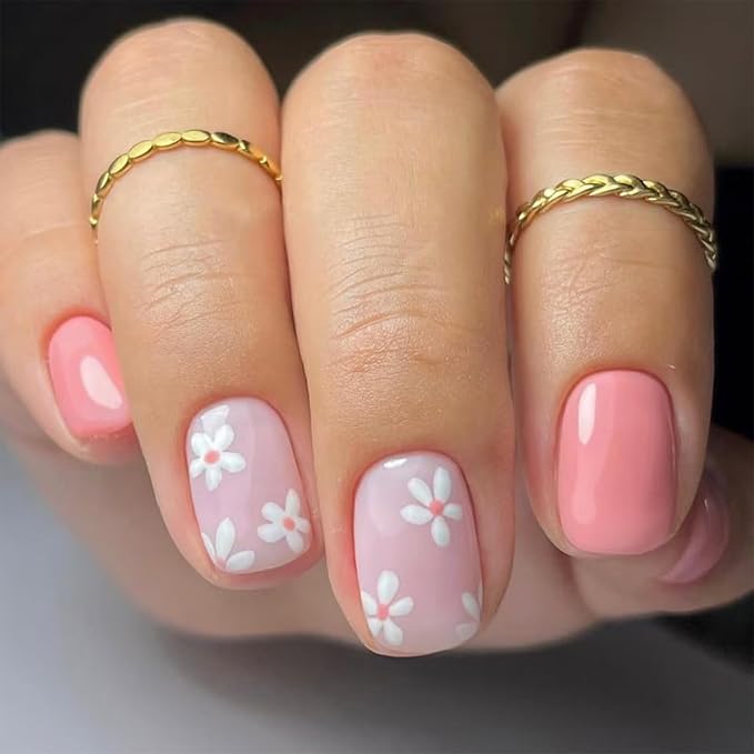 Pink Press on Nails Short Square Fake Nails Pink Full Cover Artificial False Nails with Floral Designs Acrylic Nails Reusable Glue on Nails Removable Stick on Nails for Women 24 Pcs