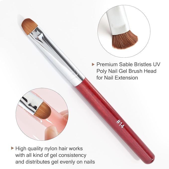 French Manicure Clean-Up Brush, French Gel Acrylic Nail Art Kolinsky Brush for Professional Manicure Cuticle Clean Up Nail Art Design, Red Wood Handle (14#)