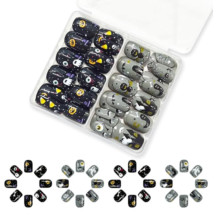 2 Packs 48Pcs Halloween Press on Nails Short Square Fake Nails Ghost Acrylic Nails with Eye Bat Pumpkin Designs Gray Black Glue Stick on Nails for Women Girls Festival Decoration