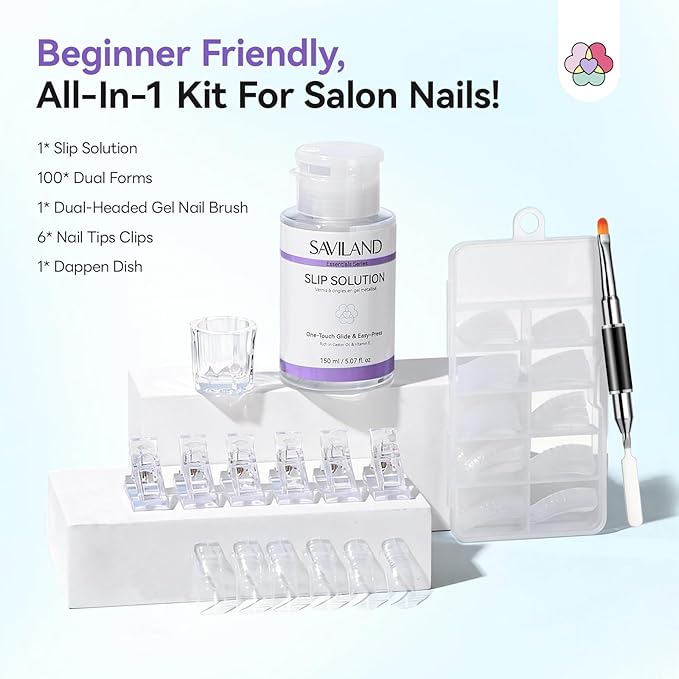 SAVILAND Slip Solution Kit for Poly Gel: 5.07fl.oz Large Anti-Stick Gel Liquid for Poly Gel, All-In-1 Nail Kit with Dual-Ended Nail Brush Dual Forms Dappen Dish for Beginners Nail Art Extension DIY