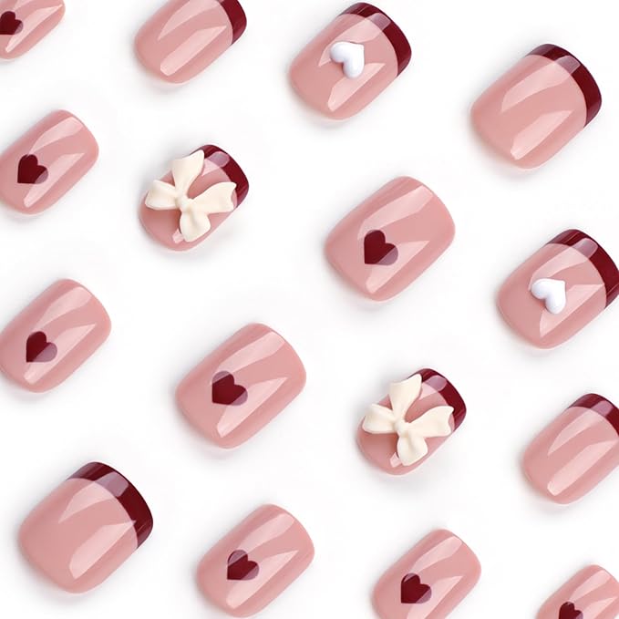 Red French Tip Press on Nails Short - Square Fake Nails with Bow Charms Design - Heart False Nails Press ons - for Women 24 Pcs