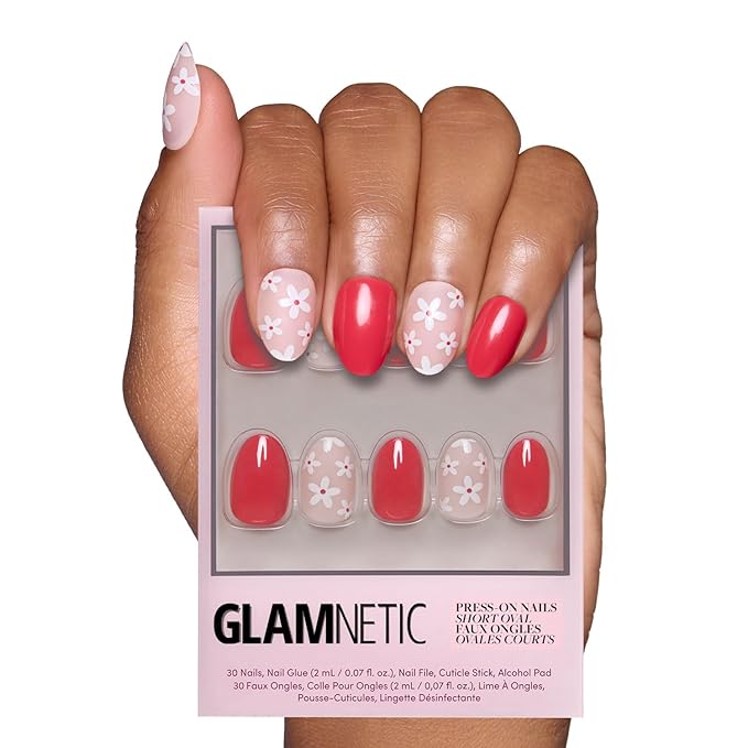 Valentines Day Glamnetic Press On Nails - Red Blossom | Glossy and Matte Short Oval Nails with Floral Accents, Salon Quality | 15 Sizes - 30 Nail Kit with Glue