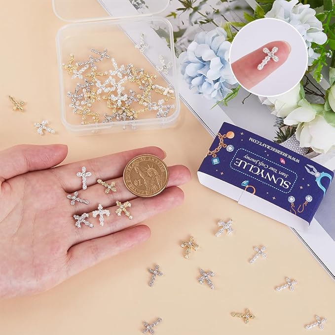 SUNNYCLUE 1 Box 60Pcs Cross Nail Charms Easter 3D Pearl Beads Nails Charms Bulk Mini Small Cross Bead Flatbacks Rhinestone Diamond Nail Art Charm Golden Silver Nail Cross Charms for Nails Decoration