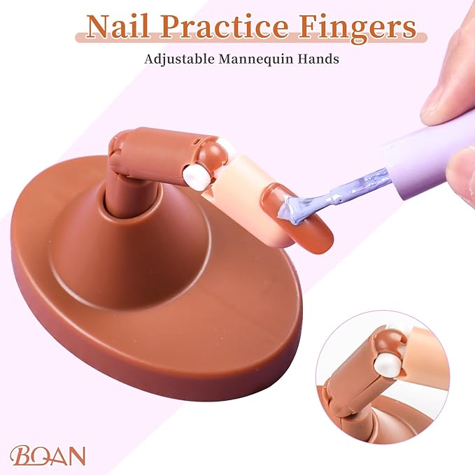 BQAN Nail Practice Fingers for Acrylic Nails, Practice Hand for Nail Training, 4Pcs Adjustable Plastic Fake Fingers for Nail Tech, with 100 PCS Refill Nail Tips and 2 Finger Base