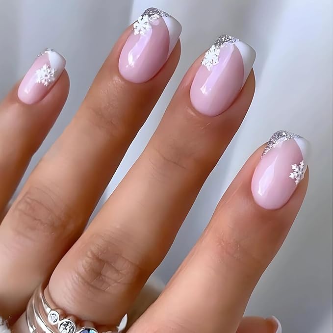 Christmas Press on Nails Medium Square Fake Nail with White Snowflake Designs White Silver French Tip Xmas False Nails Pink Full Cover Winter Stick on Nail for Women 24 Pcs