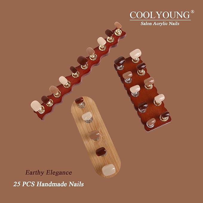 Press-On Nails, Fake Nails With Light Brown, Dark Brown, Beige, Brown Press On Nails, Short Nails, 25 PCS Handmade Nails