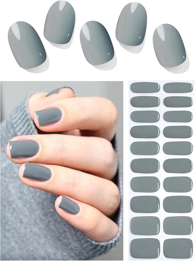 Semi Cured Gel Nail Strips, Gray 20pcs Adhesive UV Sticker, Wraps for Home Manicure DIY