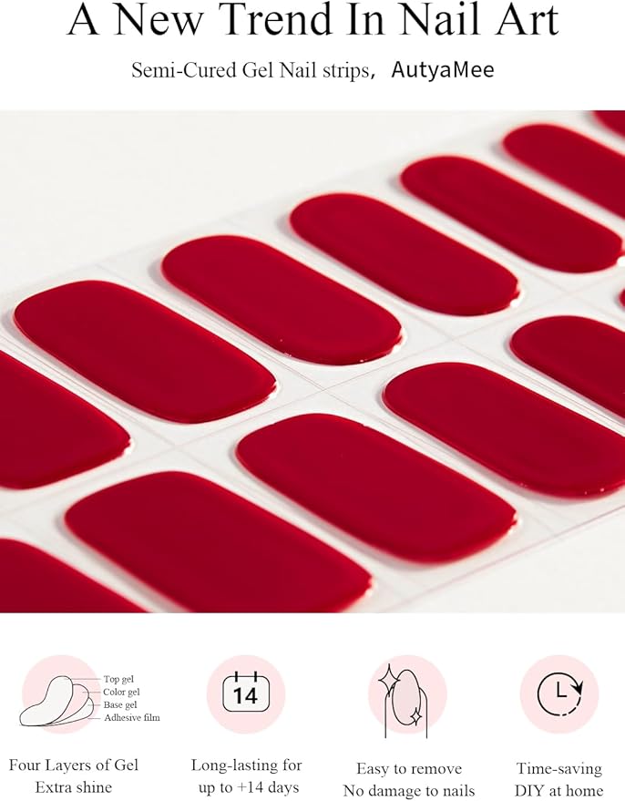 Semi Cured Gel Nail Strips (Ruby Red), 20 Pcs Gel Nail Wraps, Stickers, UV Light Required, Salon Quality, Long Lasting