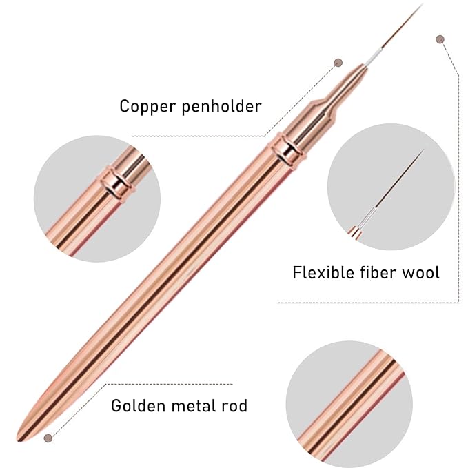 WOKOTO 5 Pcs Gold Nail Art Liner Brushes Painting Nail Art Brush Set Nail Dotting Drawing Tool For Long Lines Thin Details Fine Drawing Sizes 5/8/12/15/20mm Liner Brushes With Metal Penholder