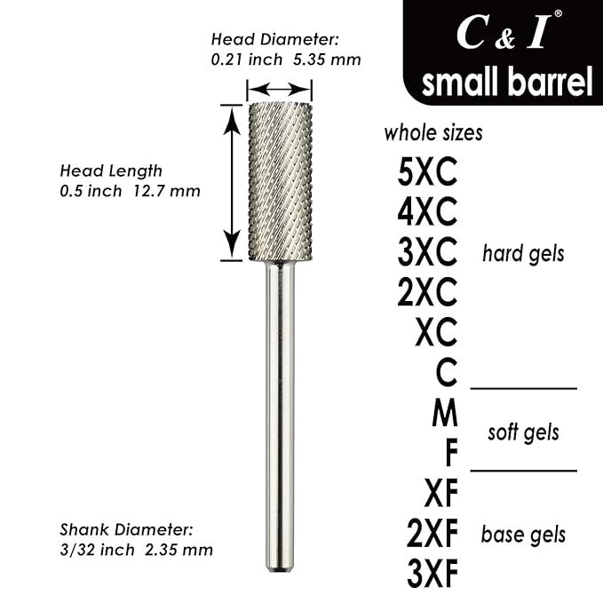 C & I Small Barrel Nail Drill Bits, Professional Electric File for Manicure Drill Machine, Nail Gels Remove, 3/32” (Fine -F)