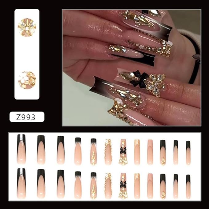 Press on Nails Long Square Rhinestone False Nails 3D Bow Charms Flower Glue on Butterfly Fake Nail Gradient Black French Tips Nails Press ons Glossy Reusable Nail for Women Manicure 24pcs