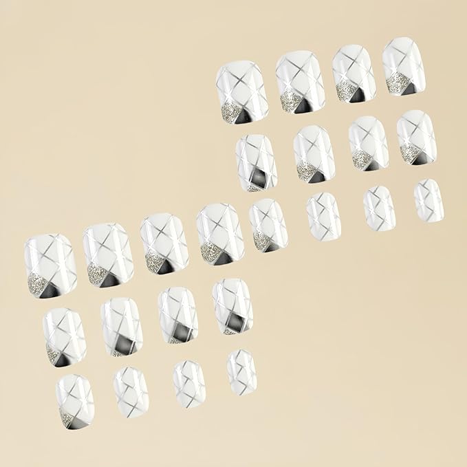 Gray and White Plaid Press on Nails Short Square Fake Nails Lined Plaid False Nail Design Full Cover Glitter Plaids Glossy Acrylic Nails for Women and Girls DIY Manicure Decoration 24Pcs