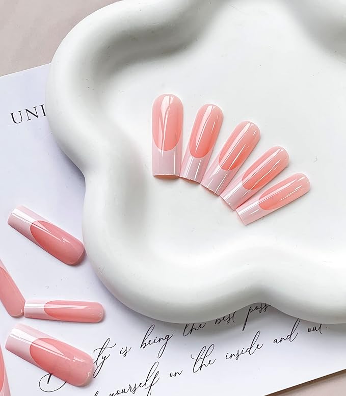 Press on Nails Long Square White French Tip Fake Nails Full Cover False Nails with Designs White Nail Tip Glossy False Nails with Nail Glue Artificial Acrylic Nails for Women Girls 24 Pcs
