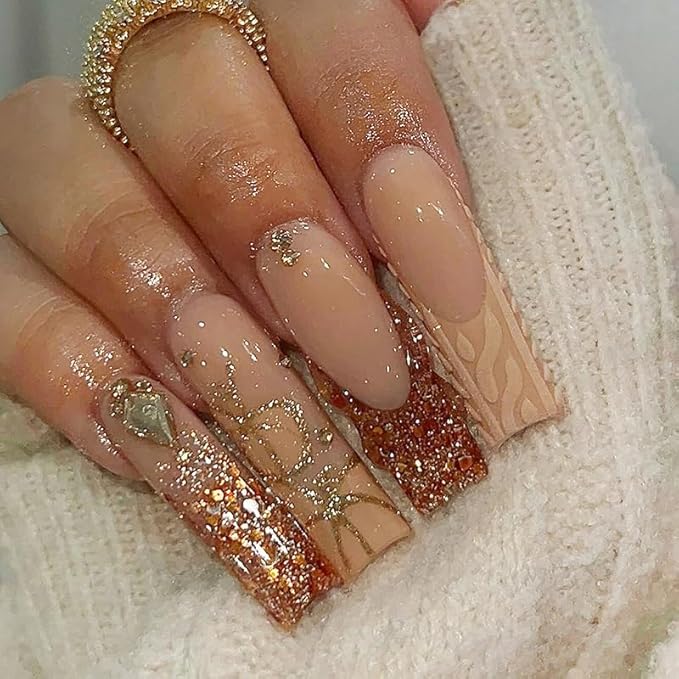 Square Press on Nails Long Brown Stick on Nail Tips Sparkly Glitter Nails Press ons Rhinestones Press on False Nails for Women 24pcs
