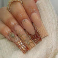 Square Press on Nails Long Brown Stick on Nail Tips Sparkly Glitter Nails Press ons Rhinestones Press on False Nails for Women 24pcs
