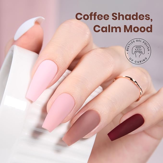 Beetles Gel Nail Polish Set – Coffee Time 6 Colors Neutral White Pink Nude Brown Gel Polish Collection, Soak Off UV LED Gel Long Lasting Glossy Finish 15ml Each Gift for Women
