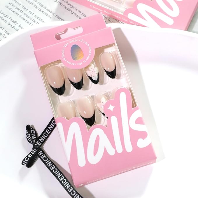 Short Almond Press on Nails French Tip Fake Nails Black False Nails with 3D Nude Flowers Designs Artificial Nails Cute Handmade NailsFloral Stick on Nails for Women 24pcs