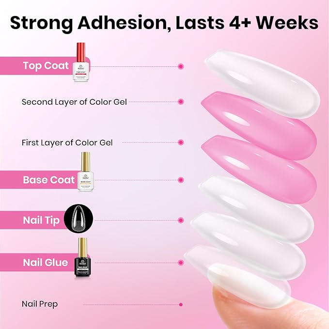 Beetles Gel Nail Kit Etch-X, Medium Almond, 288pcs 12 Sizes Nail tips, 3Pcs 15ml HEMA-Free Nail Glue Top Coat &Base Gel Set, for Acrylic and Clear Press On Nail, Long Lasting Extension DIY Set at Home