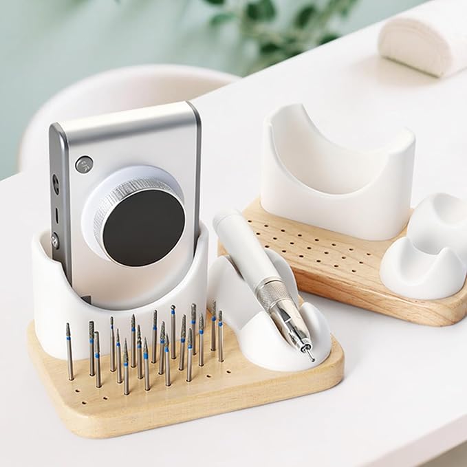 Nail Drill Bit Holder and Organizer, 24 Hole Wooden Base with Soft Silicone Holder for Nail Drill Machine and Grinding Pen, Desktop Storage Case for Nail Techs, Home Salon Use and Nail Art Tools