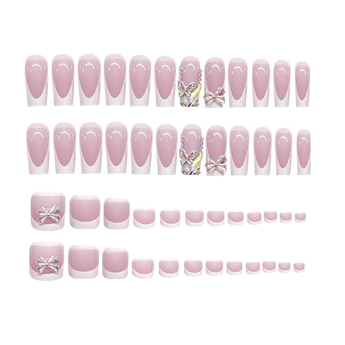 48Pcs Square Press on Nails Medium & Press on Toenails Set, White French Tip Fake Nails with Bow Designs Pink False Nails Short Press on Toe Nails Glue on Toenails Kit for Women Manicure