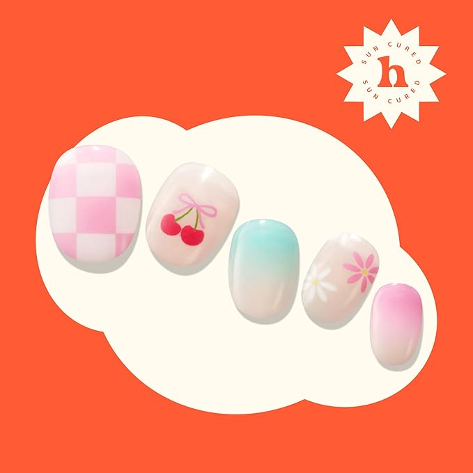 Heyhae Semi Cured Gel Nail Strips | No LED Lamp Needed | Summer, Ombre, Cute | Easy Apply & Remove, Salon Quality | Includes 28 Strips, 1 Prep Pads, Nail File & Wooden Stick - Hey, Sweet Treat